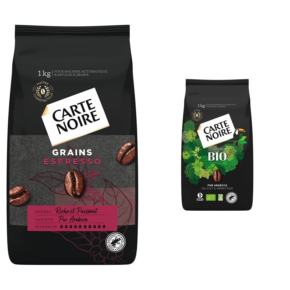 CARTE NOIRE - Café en Grain Espresso 100% Arabica et Bio - Origine Amérique Latine - 2 Paquets de 1 kg - Fabriqué en France
