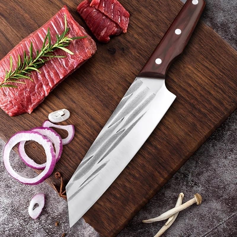 Meat Cleaver,Cleaver Knife 7 Inch Meat Cleaver Hand-Forged Kitchen Chef Slicing Knife Wooden Handle Stainless Steel Butcher Fish Knife Cooking Tools
