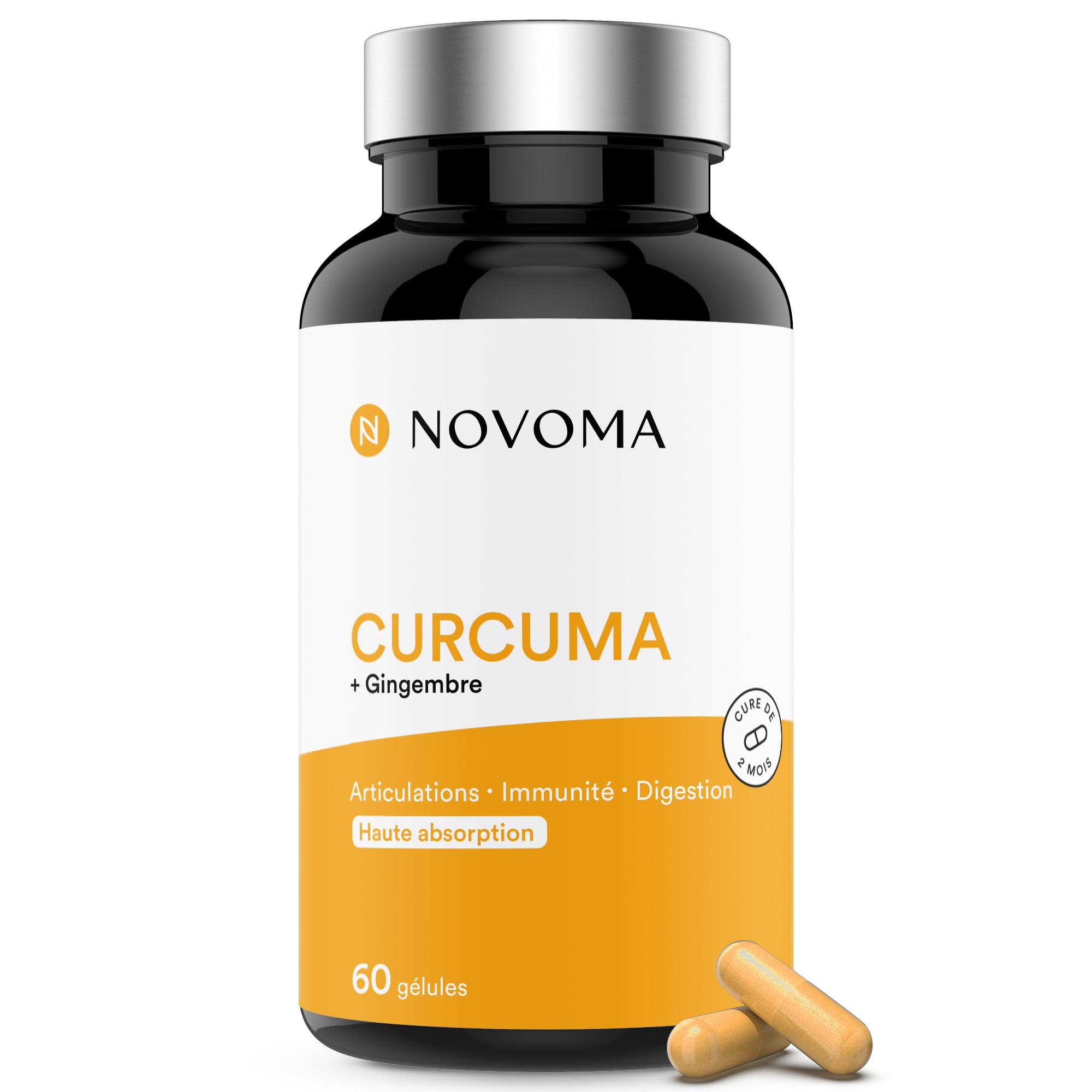 NOVOMA Curcuma 300mg Breveté Meriva®, avec Gingembre, Soutient la Digestion et le Confort Articulaire, Haute Teneur en Curcumine, Cure de 2 mois, Fabriqué en France