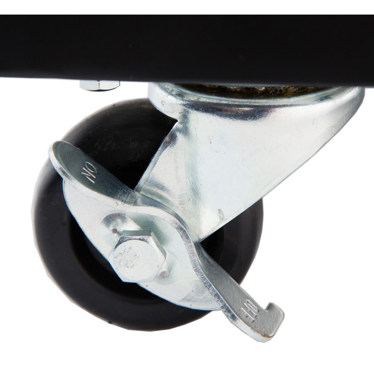 Close-up of a locking caster on the refrigerator