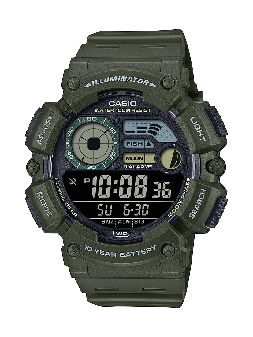 Casio WS1500H Series | Reloj digital para hombre | 100M WR | Tiempo dual | Temporizador de cuenta regresiva | Luz LED | Fase lunar | Modo de pesca | Calendario automático | Multialarmas | Cronómetro 1