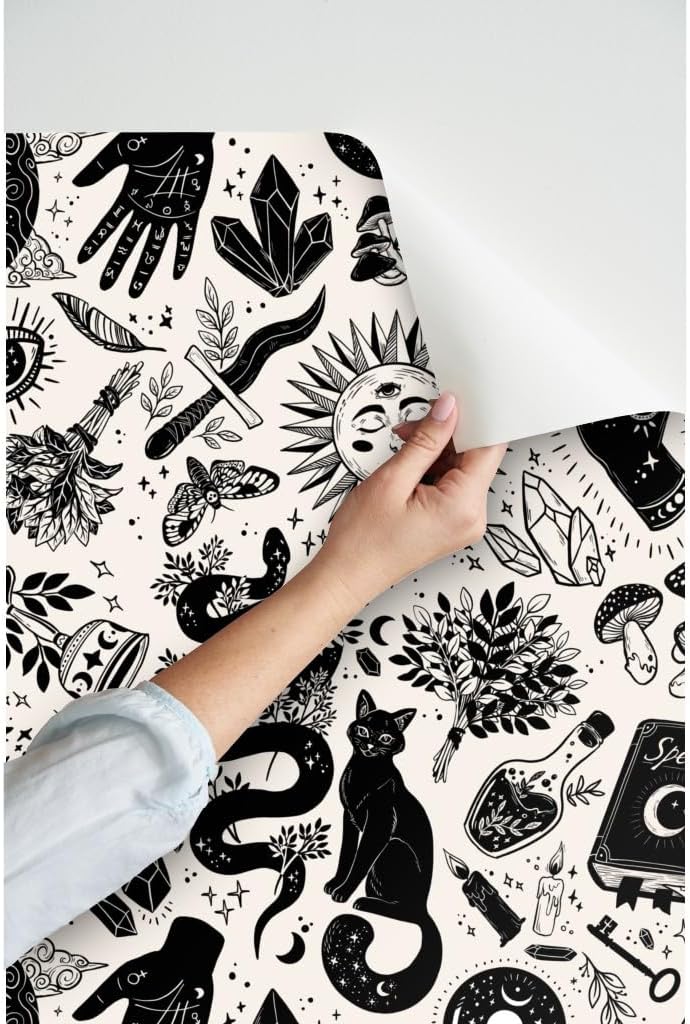 Spoonflower Peel & Stick Wallpaper 3ft x 2ft - Black White Goth Gothic Magic Halloween Witch Monochrome Custom Removable Wallpaper