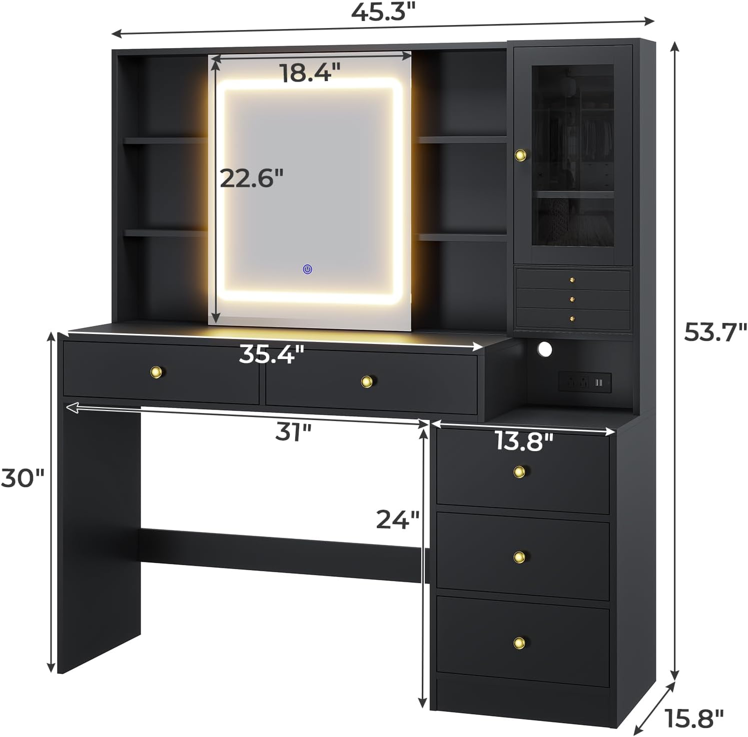BTHFST Vanity Desk with Sliding Mirror & 3-Layer Jewelry Box, Makeup Vanity with Lights & Charging Station, Makeup Desk with 8 Necklace Hooks & 5 Drawers & Shelves, Black