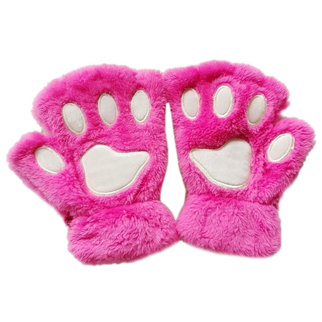 Jagenie Women's Hot Pink Girls Lovely Cat Paw Claw Thick Half Fingerless Gloves Fluffy Plush Mitten