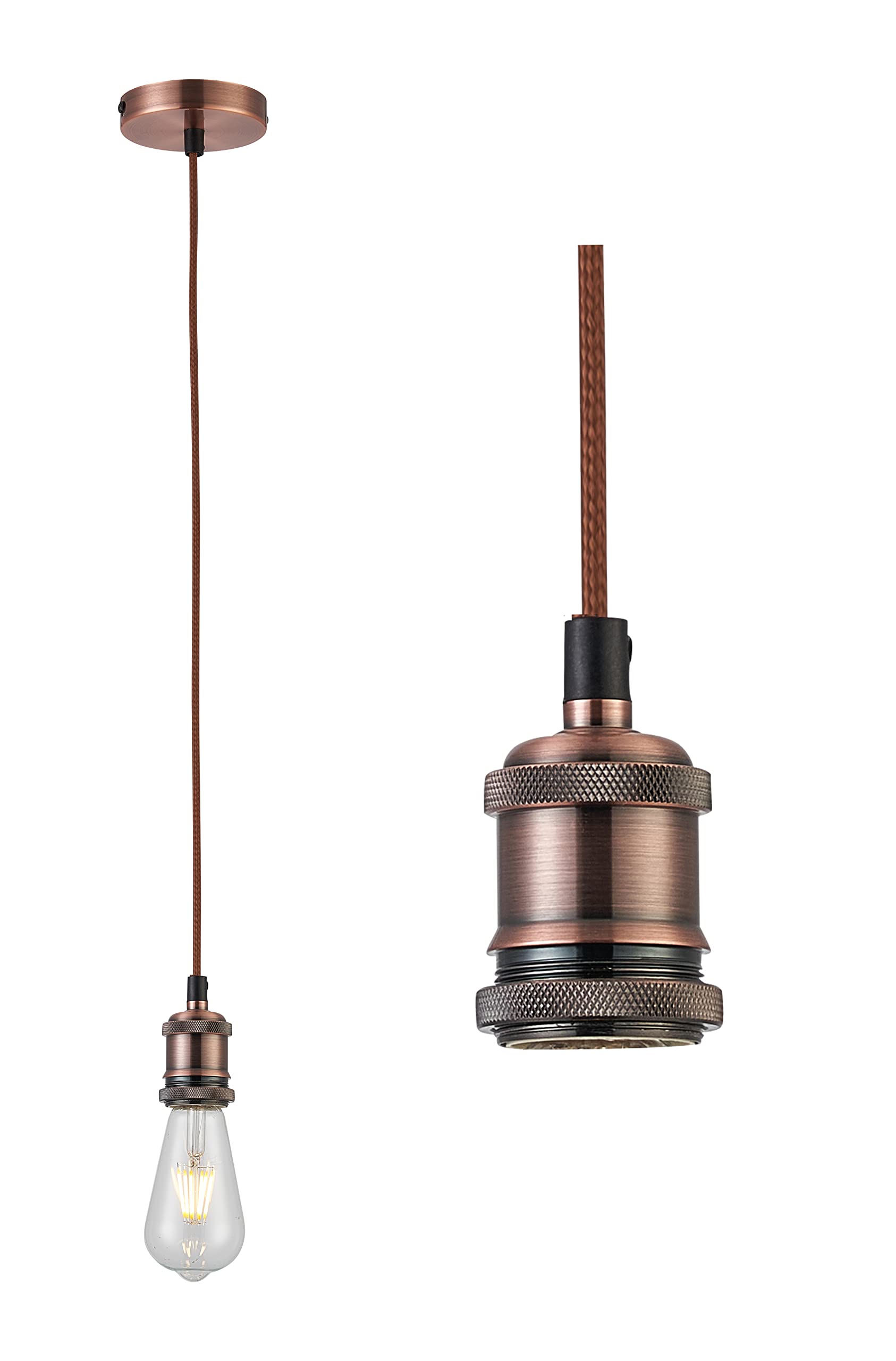 Loxton Lighting - Copper Textile Braided Wire Cable Suspension, E27 Bulb Holder and Ceiling Rose - Modern Industrial Look โ image 1