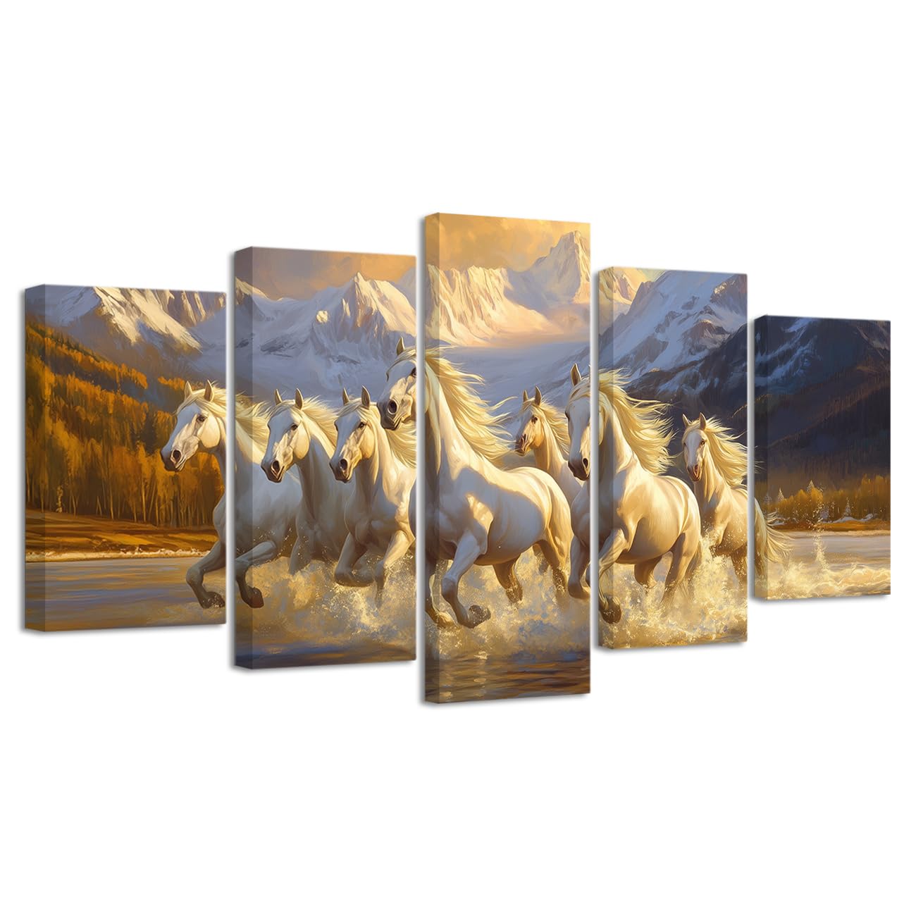 LZIMU Horse Pictures Wall Decor 7 Running Horses Canvas Wall Art 5 Picecs Lucky Horses Wild Animals Poster Print for Bedroom Living Room Decor Framed (White, 8x14inx2 8x18inx2 8x22inx1)
