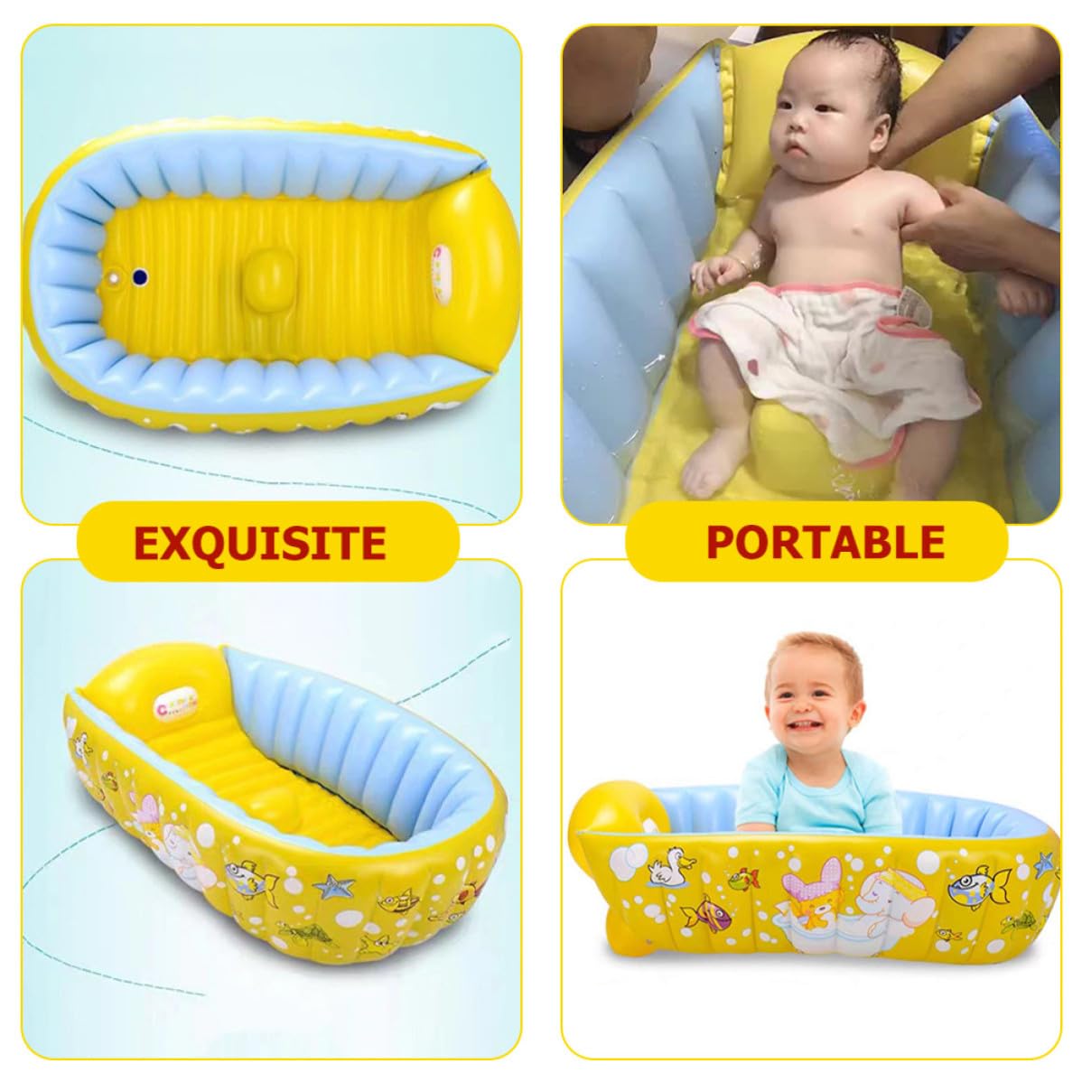 Vaschetta Bagno Gonfiabile per Bebè, Pvc Giallo | Design a Motivo Cartoon, Uso Interno e Gioco, Pratica e Facile da Riporre, Vasca Compatta