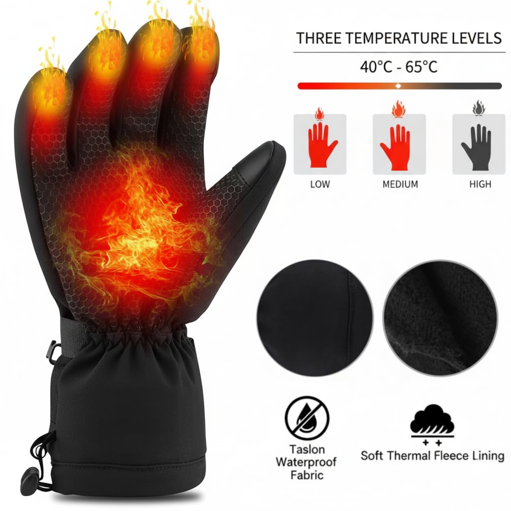 Beheizbare Handschuhe Herren Damen - Winterhandschuhe mit Akku, 7.4V 3000mAh, 3-Stufen Heizung, Wasserdicht, Touchscreen Heizhandschuhe für Skifahren, Motorrad, Radfahren, Camping
