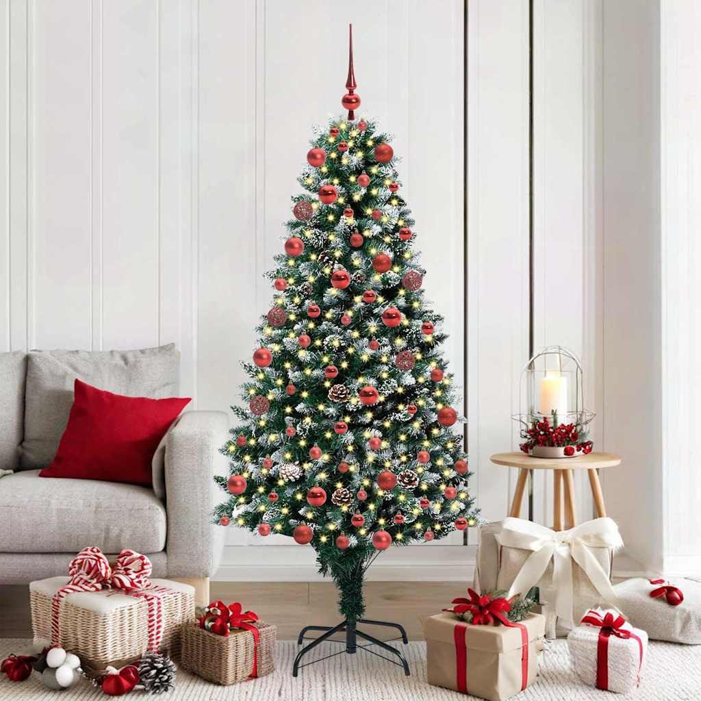 Árbol de Navidad artificial de 180 cm, verde, con 300 ledes blanco cálido, soporte, copos de nieve y conos, para interior y exterior, decoración navideña festiva