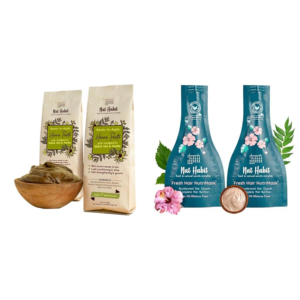 Nat Habit - Fresh Ready To Apply Henna Paste (Pack of 2 x 220g) and Nat Habit Five Oil Hibiscus NutriMask-Hair Mask For all Hair & Scalp Types (Pack of 2 x 40 gm)-picture-32