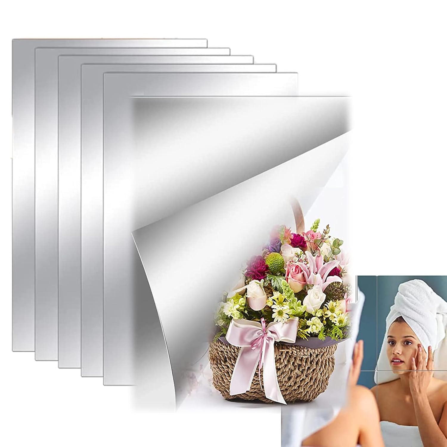 8 x 6 Self Adhesive Acrylic Mirror Sheet 6 Pack Flexible Shatterproof Non Glass Body Mirror Tiles Large