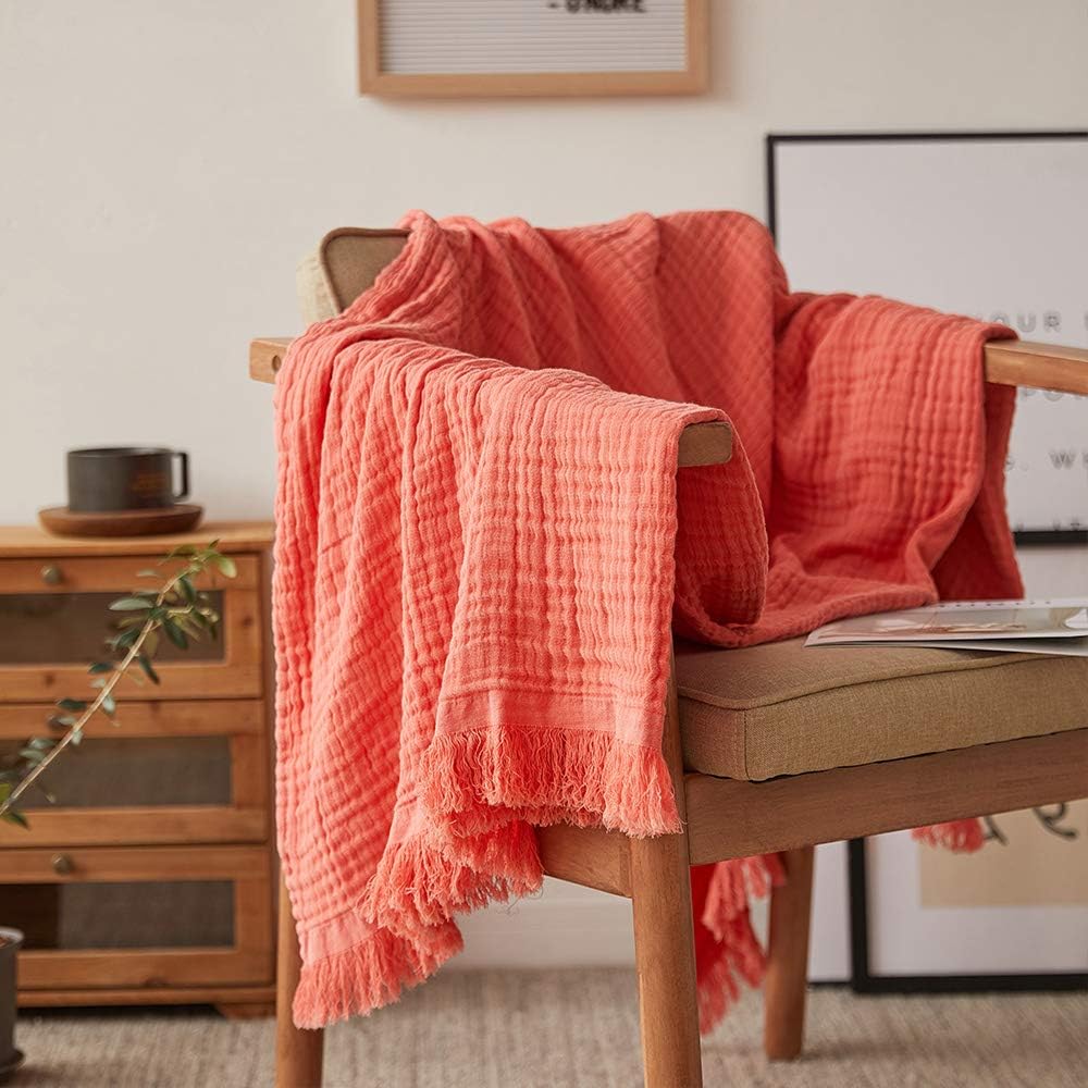 Simple&Opulence Cotton Muslin Throw Blanket for Bed, Couch, Knit Woven Gauze Blanket with Tassels, Soft Lightweight Cozy Pre-Washed Breathable Farmhouse Decoration for All-Season (Coral Red)