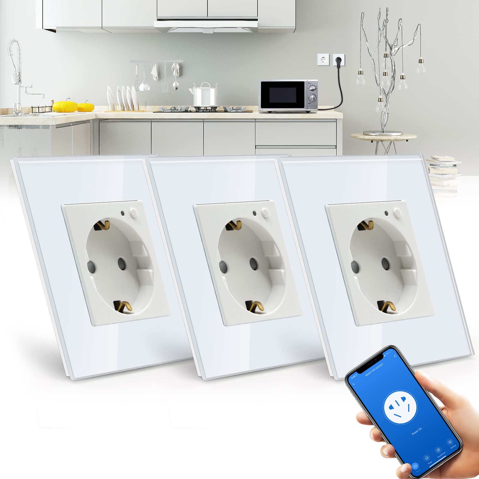 BSEED BSEED Enchufe Pared WiFi,Schuko Enchufe inteligente Compatible con Alexa y Google Home,Control de APP y Función de Temporizador,protección de contacto,16A Blanco-3 Paquete