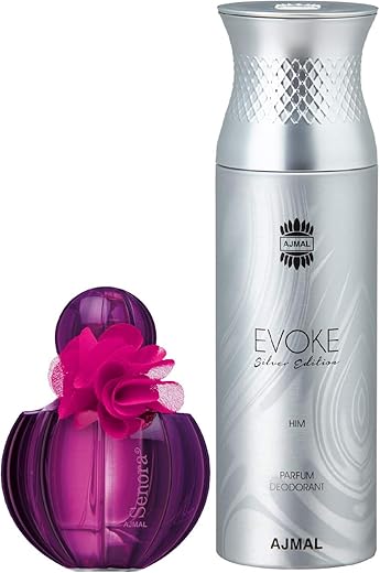 Ajmal Senora EDP Floral Spicy Perfume 75ml for Women and Evoke Silver Edition Him Deodorant Spicy Floral Fragrance 200ml for Men