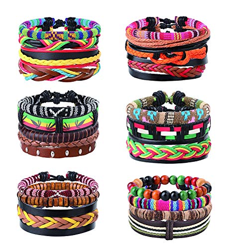 Finrezio 22 Pcs Lot Bracelets Vintage Bracelet en Cuir Perles de Bois Homme Femme Tribal Ethnique Boho Bracelet Tricoté