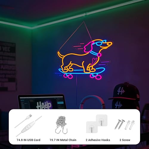 Miniatura 4 de Letrero de neón de monopatín con diseño de perro salchicha para decoración de pared, decoración de pared LED genial, regalo regulable para amantes