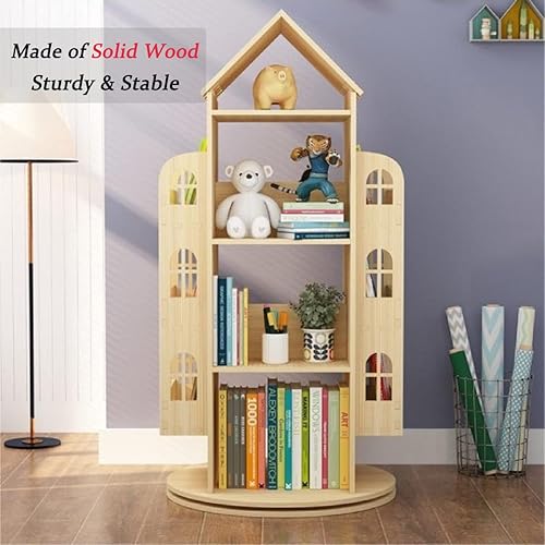 Miniatura 3 de Gdrasuya10 Estantería grande giratoria de 360 grados, estantería de madera con castillo de madera, estantería de almacenamiento de pie para libros,