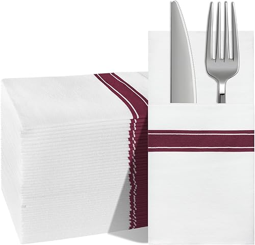 Miniatura 10 de KMAKII Paquete de 100 servilletas de papel con bolsillo integrado para cubiertos desechables para fiestas, bodas, eventos, tacto de lino, 16 x 16