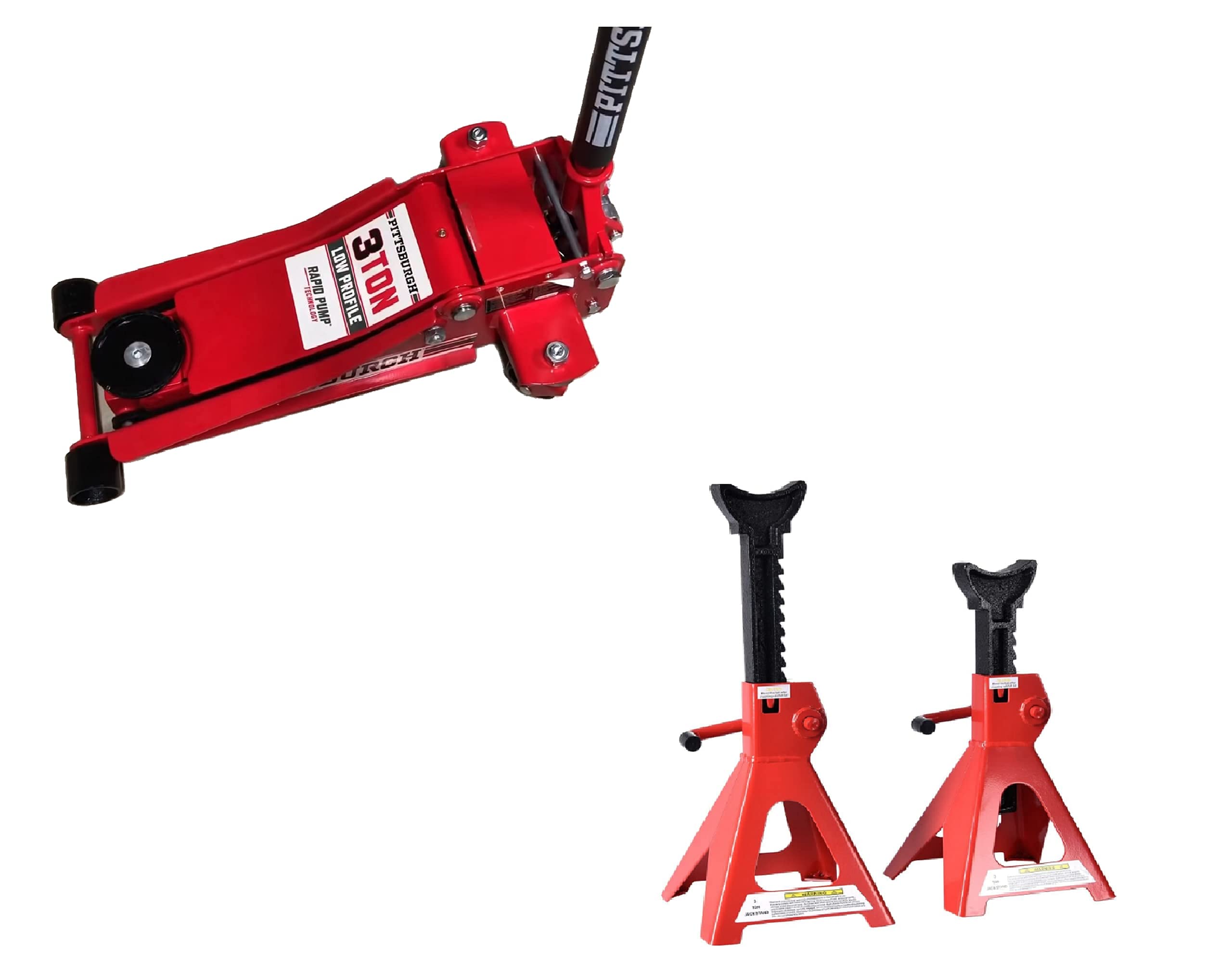 Pittsburg 3 Ton Low Profile Floor Jack and Jack Stands Set Combo with