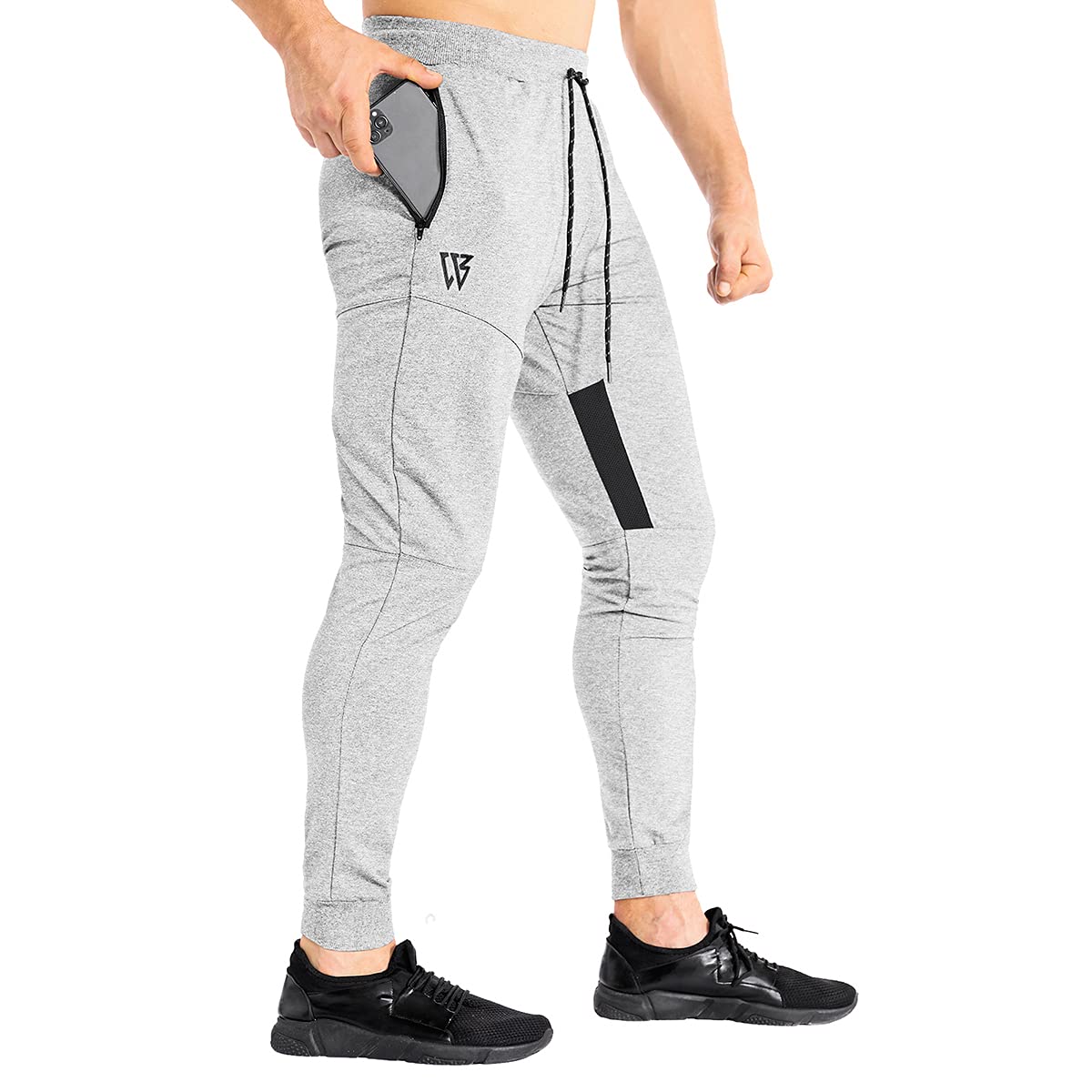 ZENWILL Mens Tapered Workout Track Pants, Slim Fit Gym Jogger Sweatpants, Casual Athletic Trousers with Zip Pockets Light Grey M