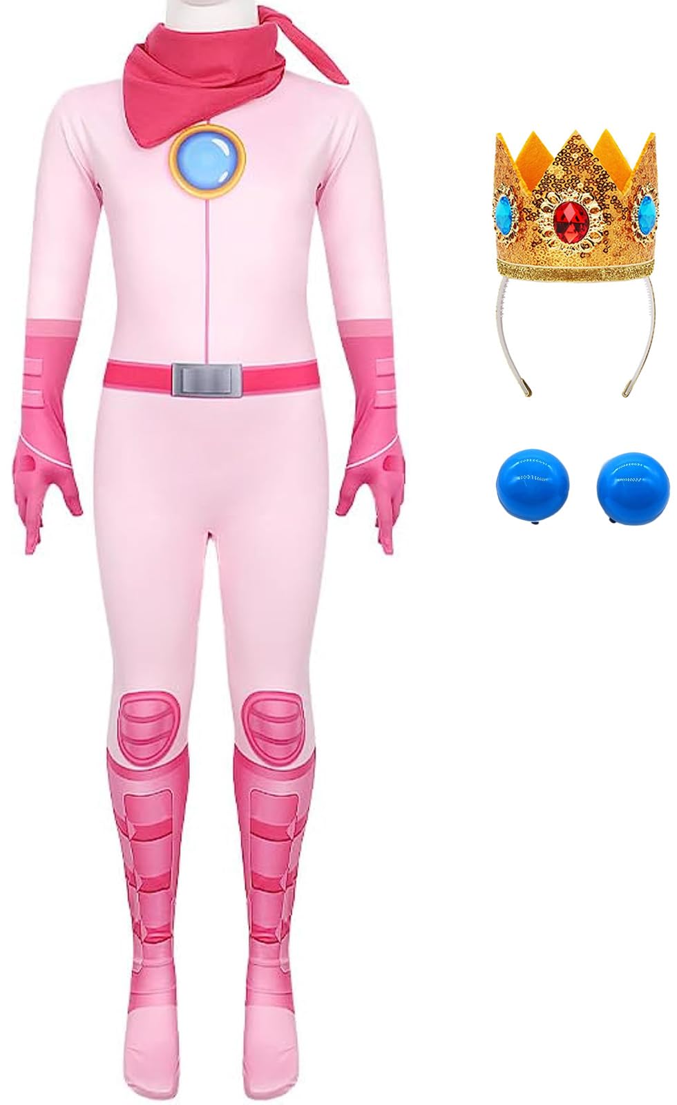 IWFREE Peach Jumpsuit Disfraz con Corona Niña Cosplay Princesa Peach Complete Traje de Juego y Pañuelos Pendientes Set 4 Piezas para Niños Fancy Dress Halloween Navidad Carnaval Costume Rosa