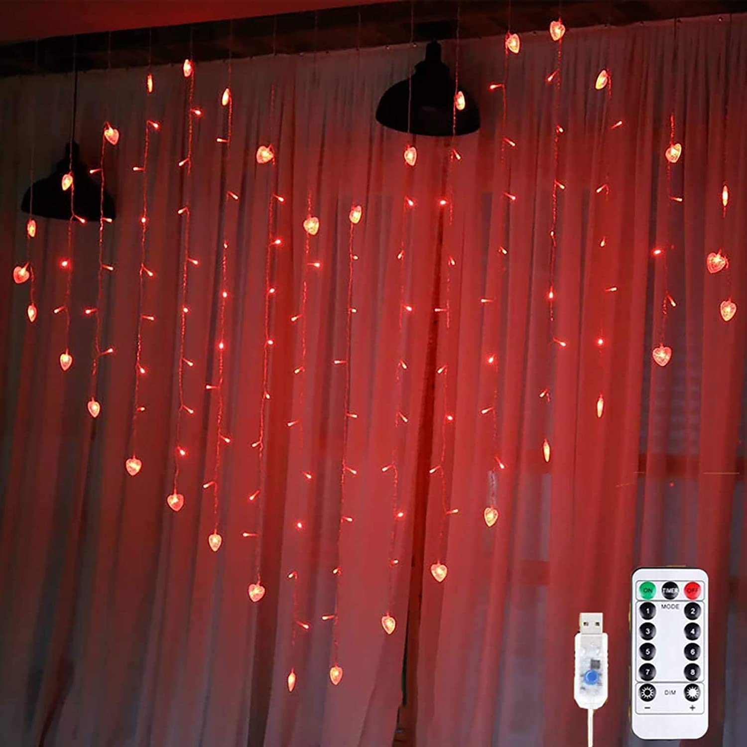 Kurtyna okienna LED, sople lodu, łańcuch świetlny, 124 diody LED, 2 m x 1,5 m, 8 trybów pracy, pilot zdalnego sterowania, baterie, złącze USB, na imprezę, do sypialni, na wesele (czerwona)