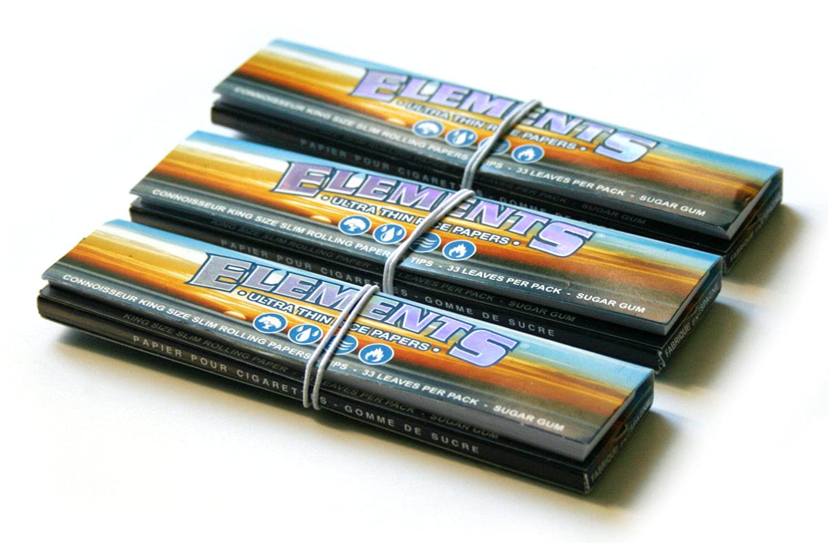 ElementsKing Size Slim Connoisseur Ultra Thin Rice Rolling Papers and Tips 3 Packs