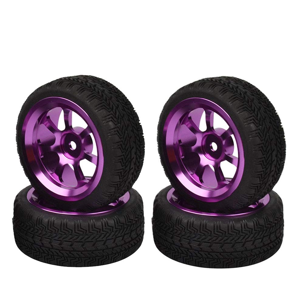 LAFEINA 4PCS 1/10 Aluminium Alloy 7 Spokes Wheels and Tires for 1/10 RC On Road Drift Racing Car HSP HPI (Purple)
