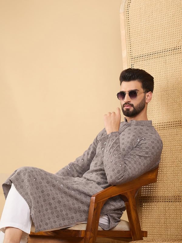 Image of Men's Solid Embroidered Long Straight Kurta | Men's Kurta | Embroidered Chikankari Kurta for Men | Straight Fit Kurta for Men