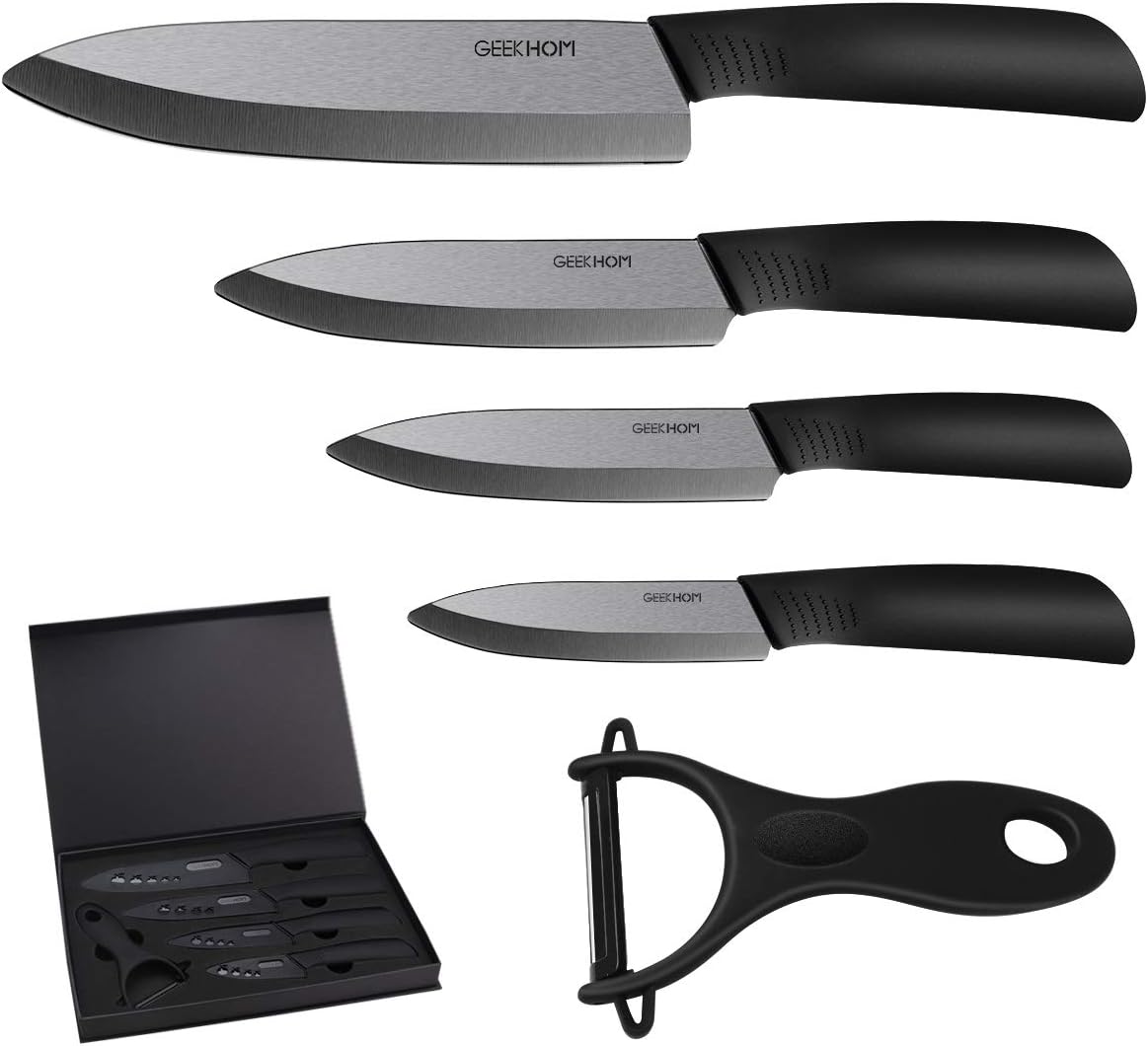Ceramic Knife Set, GEEKHOM 4PCS Kitchen Knife Sets with Cover and 1