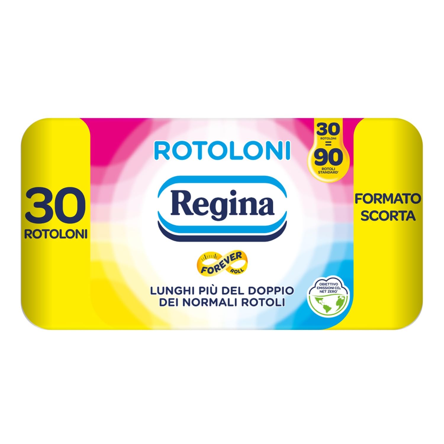 Regina Rotoloni - 30 Maxi Rotoli di Carta Igienica, 500 Fogli a 2 Veli, Lunghi Più del Doppio dei Normali Rotoli, Confezione 50% in Plastica Riciclata, Carta 100% Certificata FSC