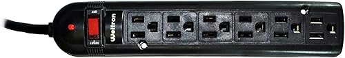 Miniatura 6 de Weltron Regleta de protección contra sobretensiones negra de 6 tomas, montaje en pared, 750 julios, cable largo de 20 pies