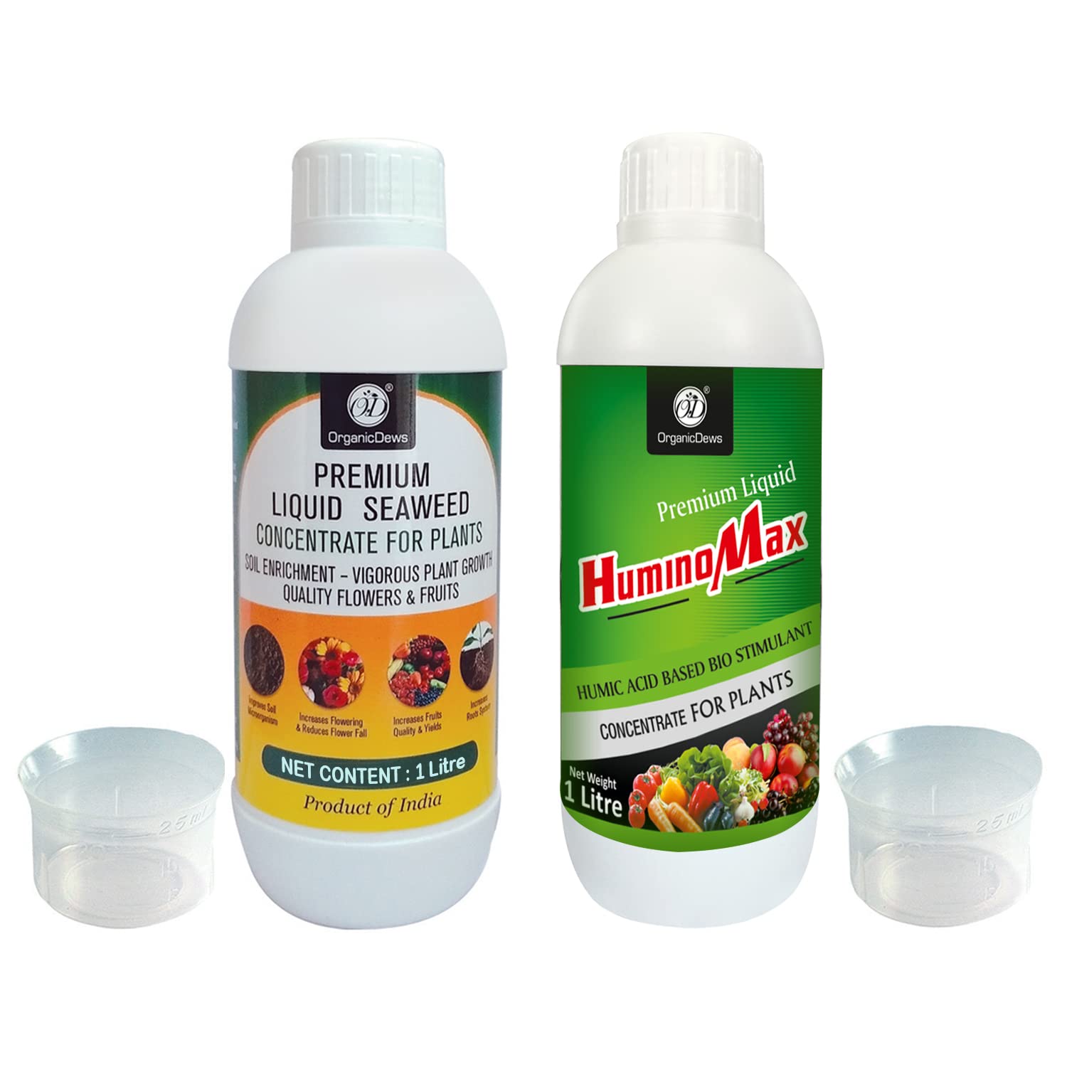 OrganicDews Liquid Seaweed Fertilizer(1 Litre) & Humic Acid Fertilizer(1 Litre) Combo Based Bio Stimulant for Plants Measuring Cap 25ml - Plant Growth Enhancer, Soil Conditioner for Indoor & Outdoor