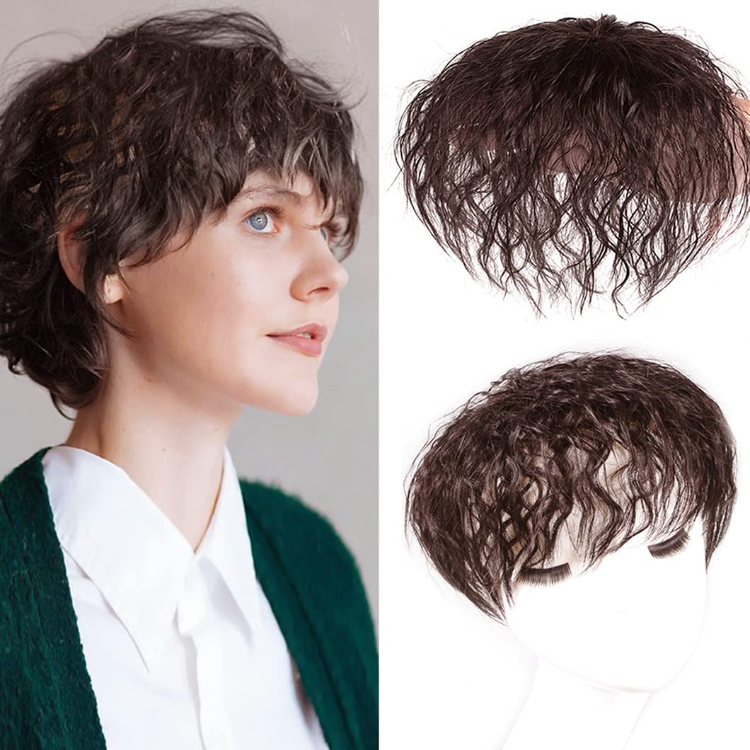 Maery 6" 100% Real Human Hair Short Curly Hair Topper Fluffy Top Hair Pieces for Women with Thinning Hair ,Simulated 3.5x3.5" Silk Top Head Spin Women Toupee Human Hair Hairpieces Dark Brown