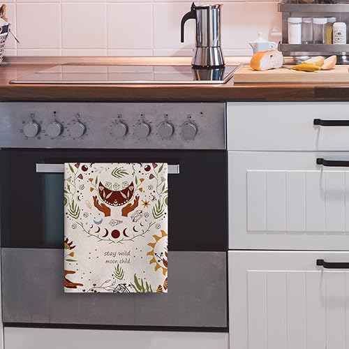 Miniatura 5 de Cukemip Juego de 2 toallas de cocina de estilo místico bohemio con estrellas y sol, luna, suaves, absorbentes, toallas de mano, paños de cocina,