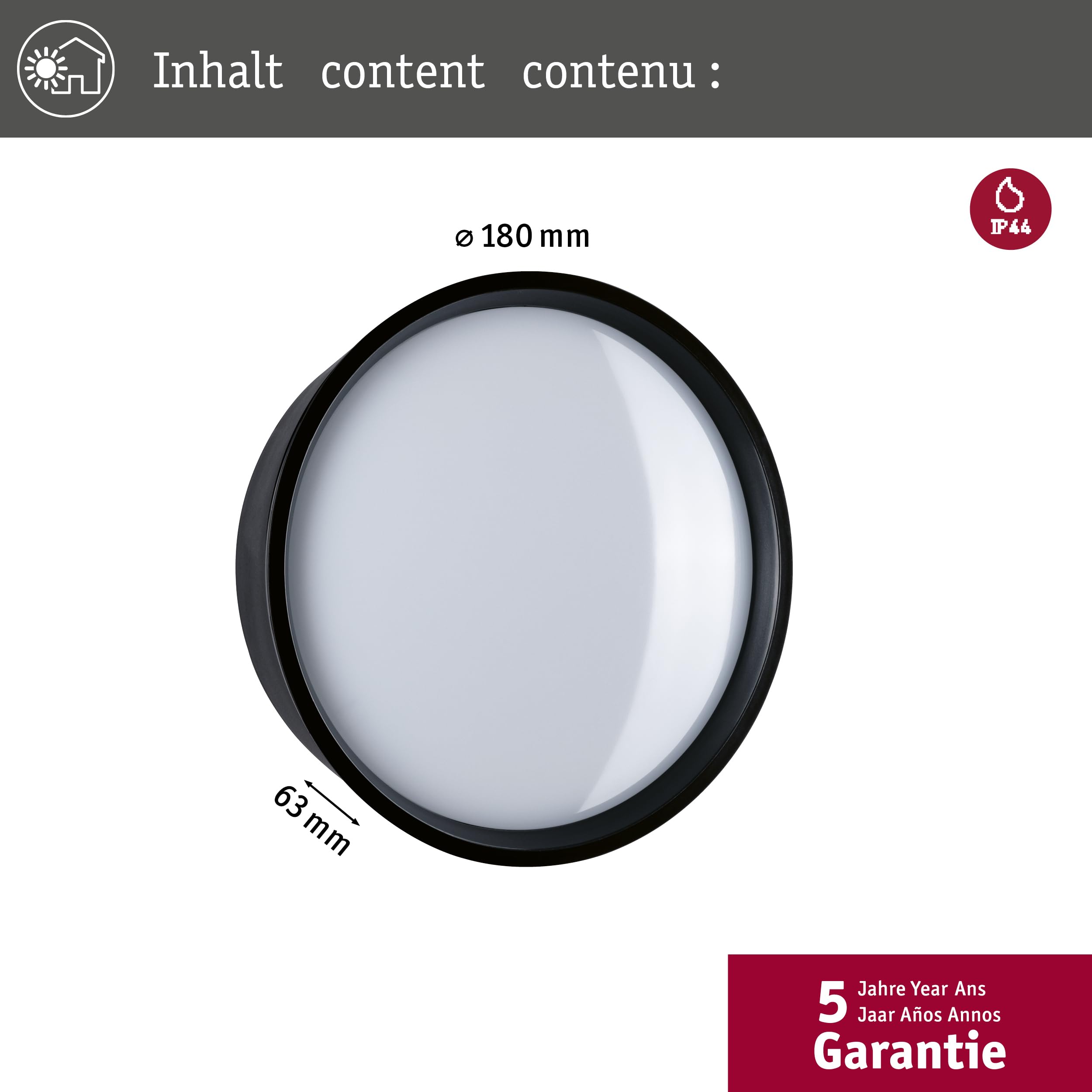 Paulmann 94696 luminaire d'extérieur LED Applique Platomo Résistant à l'eau de mer IP44 rond 180 mm 3000K 14,5W 1200lm 230V Noir plastique