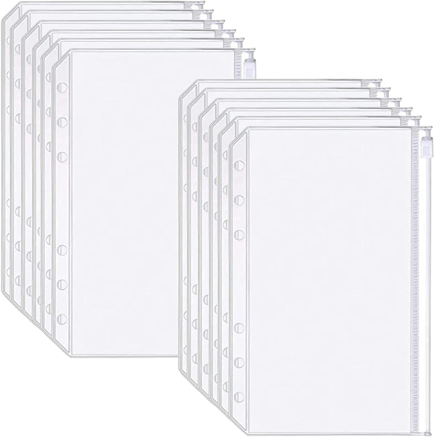 FLAFARY 12pcs Binder Pockets A6 Size 6 Holes Zipper Cash Envelopes for 6-Ring Notebook Binder Loose Leaf Bags, Waterproof PVC Pouch Document Folders Filing Bags,Clear