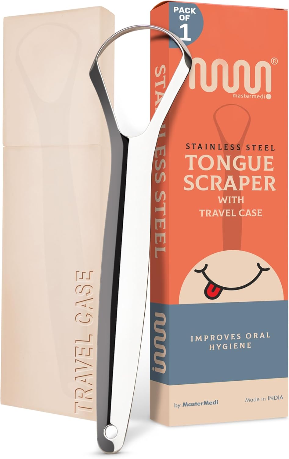 MasterMedi Tongue Scraper for Adults, 100% Stainless Steel Tongue Scrubber for Bad Breath, Easy to Use, Tongue Cleaner for Oral Care & Hygiene (SPTC-1|with Case)