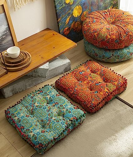 Vctops Boho Cotton Linen Square Chair Seat Cushions For Dining Kitchen Office Chairs Super Soft Printed Chair Pads With Pompom Fringe thumb #3