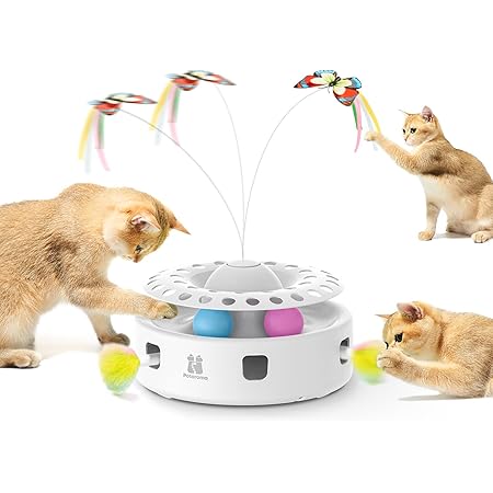 Potaroma Cat Toys 3in1 Automatic Interactive Kitten Toy, Fluttering Butterfly, Moving Ambush Feather, Track Balls, Dual Power Supplies, USB Powered, Indoor Exercise Kicker (Bright White)