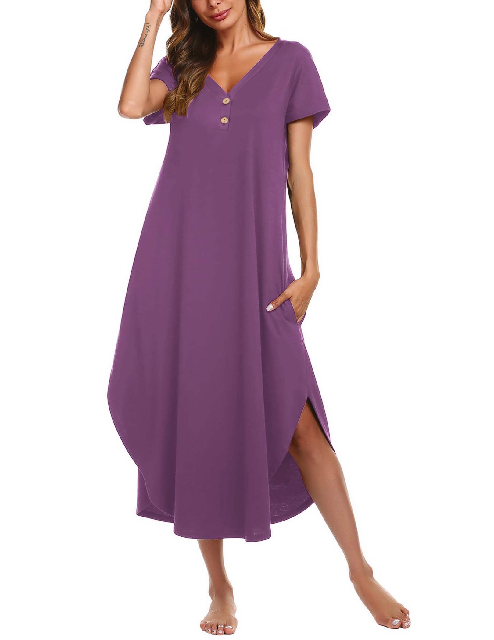 Ekouaer Long Nightgowns for Women Button Night Gowns Short Sleeve Sleepwear Full Length Sleep Shirts With Pockets S-2XL