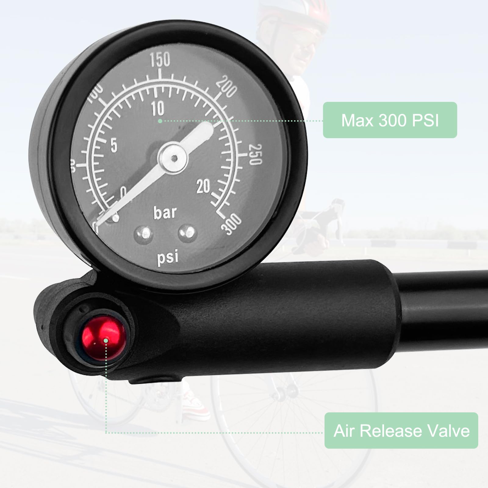 Maxentico Pompe à Vélo (Max 300 PSI), Mini Pompe Velo avec Manomètre, Pompe à Choc Haute Pression VTT, Pompes Amortisseurs avec Baromètre, Pompe à Fourche, Pompe Portable avec Bouton de Purge