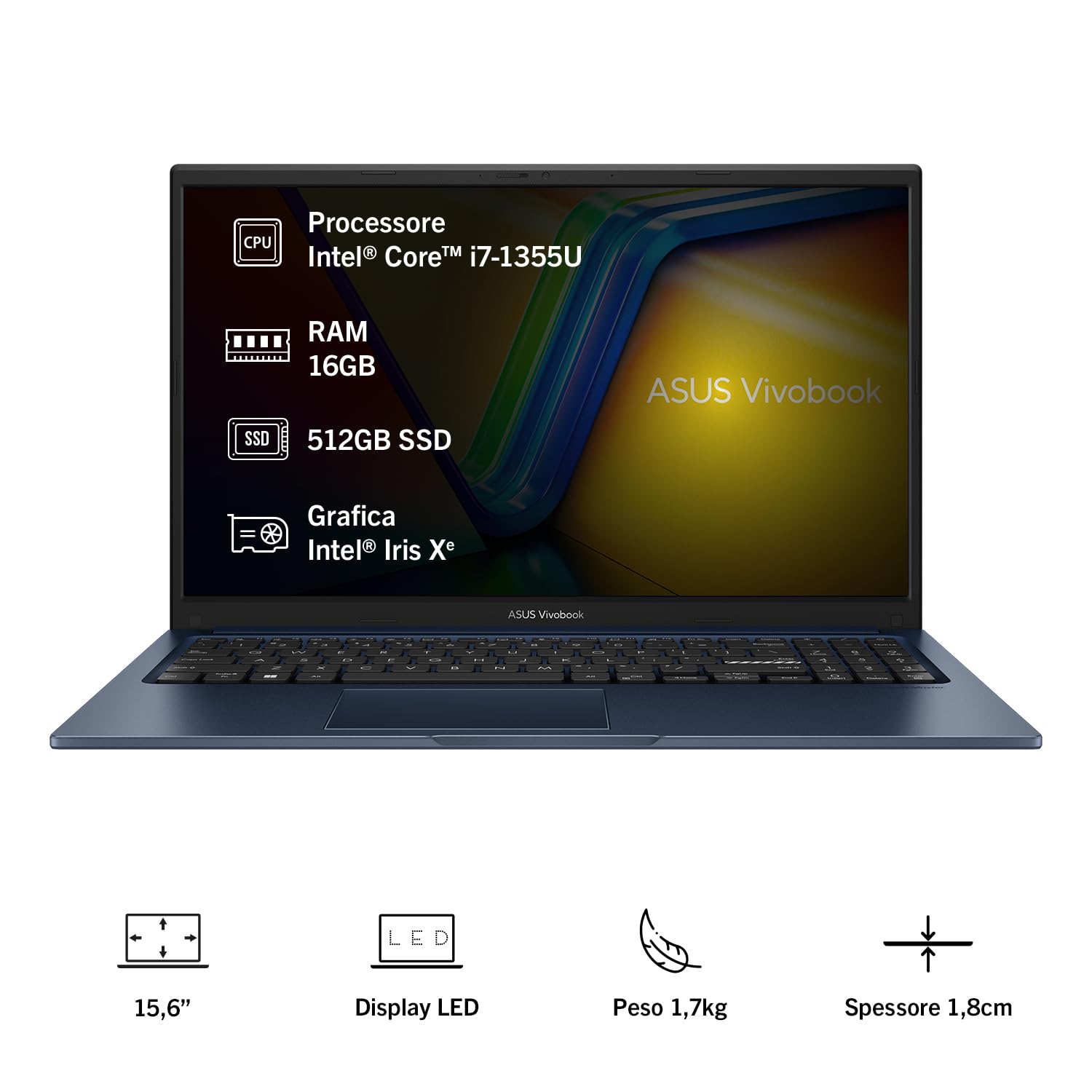 Asus Vivobook 15 F1504VA#B0DPG2BX31, Notebook con Monitor da 15.6" Anti-glare, 60Hz, Intel 13 gen Core™ i7-1355U, RAM 16GB, 512GB SSD, grafica Intel Iris Xe, Windows 11 Home, Blu
