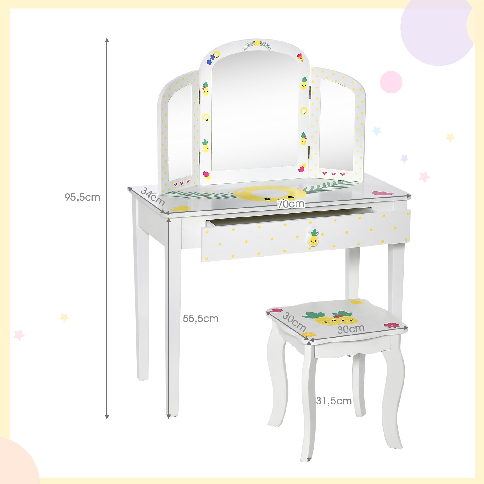 COSTWAY Kinderen Make-uptafelset, 2-in-1 kaptafel, bureau en kruk met afneembare spiegel, 2 laden, kam, houten make-upcommode voor meisjes van 3 tot 7 jaar (roze