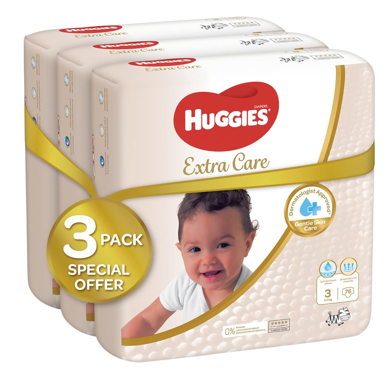 HUGGIESExtra Care Baby Diapers, Size 3 (6-10 kg), Super Mega Pack, 228 Diapers