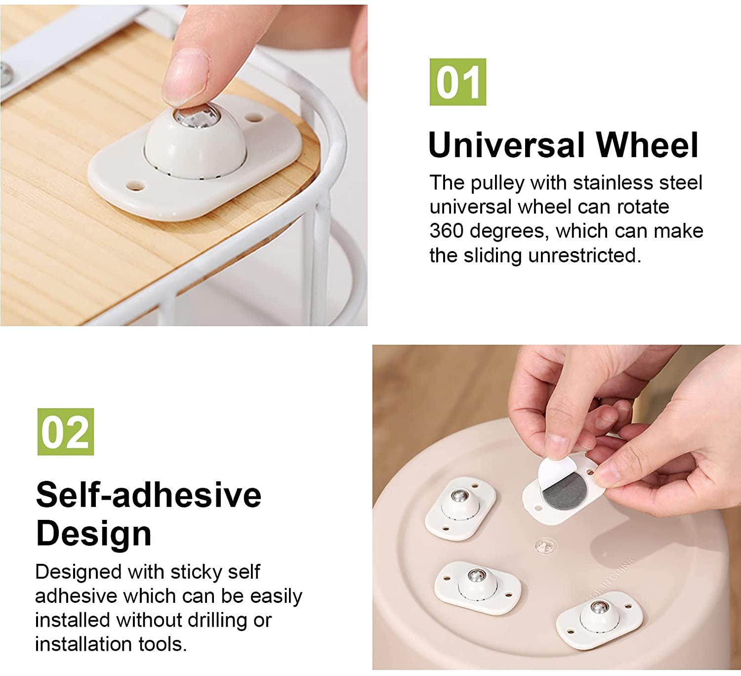 Set 4 Ruote Autoadesive Girevoli A 360° Per Mobili – Bianche – Portata Max 24,5 Kg – Con Cuscinetti A Sfera
