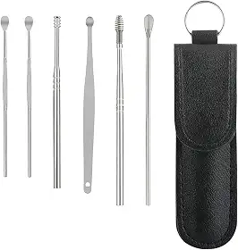 Kit de limpeza para orelhas aço carbono 6 peças com estojo conjunto de limpeza removedor de cera capa com fecho