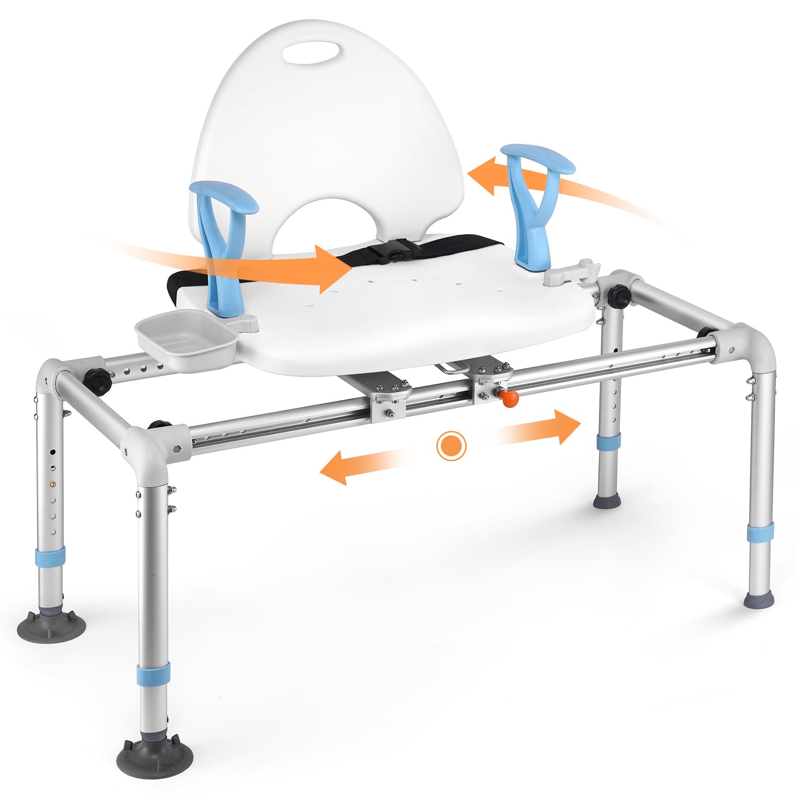 Sliding Shower Chair Swivel Transfer Bench for Inside Shower Medical Shower Seat for Elderly Aluminum Rolling Bath Seat with Arms & Back Adjustable Height for Bathroom Support up 350lbs