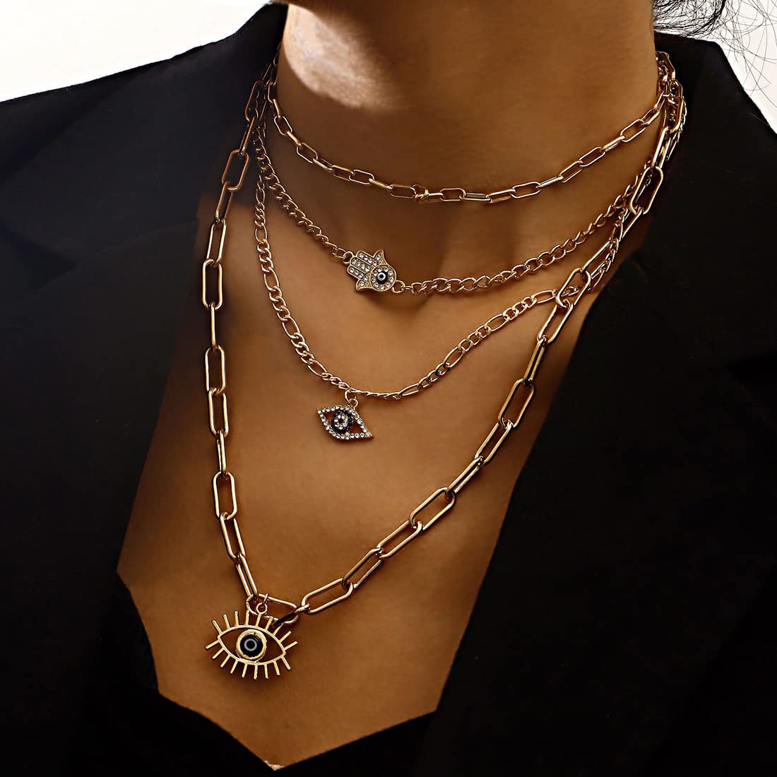 Plated Evil Eye & Buddha Hand Necklace