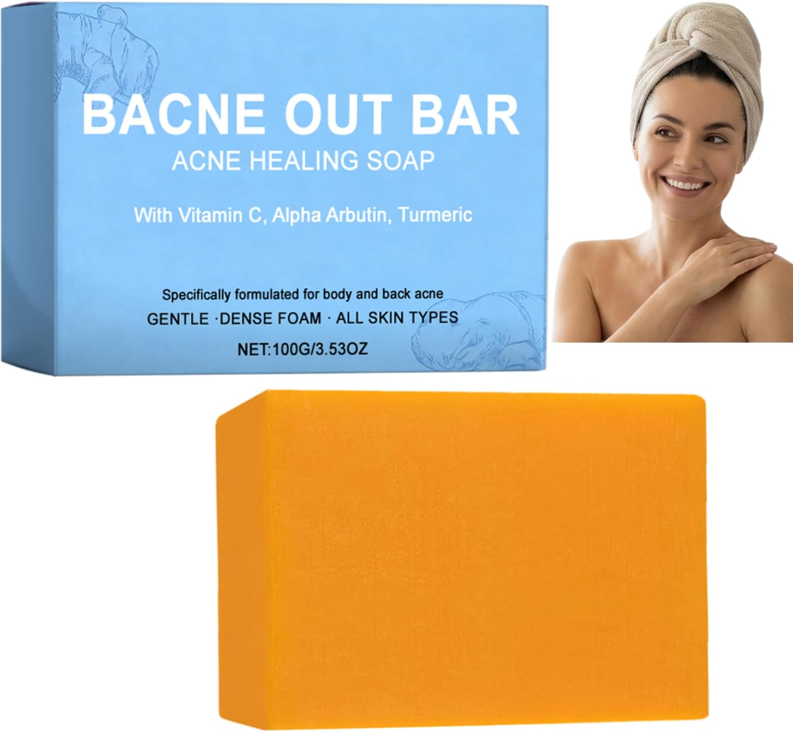 Bacne Soap Bar for Back & Body Acne, Body Acne Cleansing Soap with Vitamin C, Alpha Arbutin & Turmeric, Deep Clean Acne Bar for Body Breakouts, Daily Skin Care Soap 100g (1pcs)